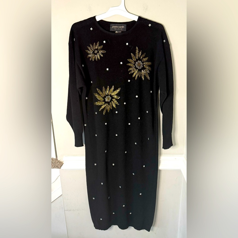 Rare Black wool knit dress with beads embroidery Pierre‎ Cardin Circa 1980's